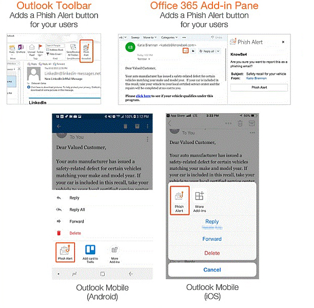 Phish Alert buttones for various email platforms